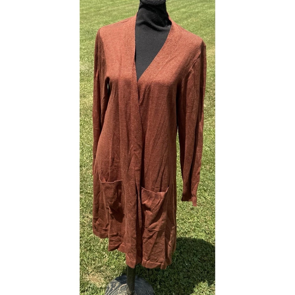 Denim & Co. Sweater Cardigan Womens L Brown Open Front Pockets‎ Longline Knit